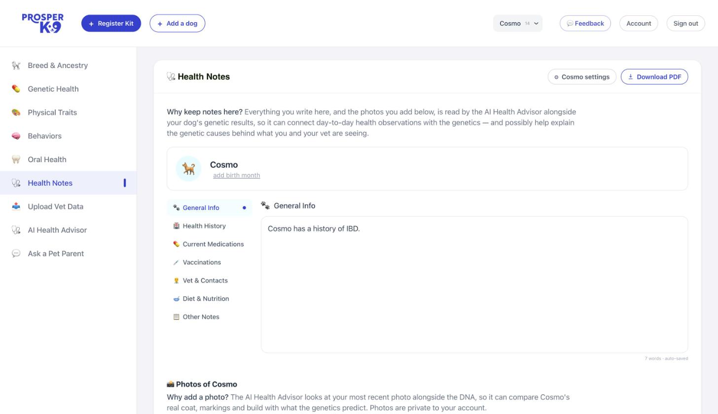 The Healthbook: a sidebar of sections (Breed and Ancestry, Genetic Health, Physical Traits, Behaviors, Oral Health, Health Notes, Upload Vet Data, AI Health Advisor, Ask a Pet Parent) with the Health Notes section open